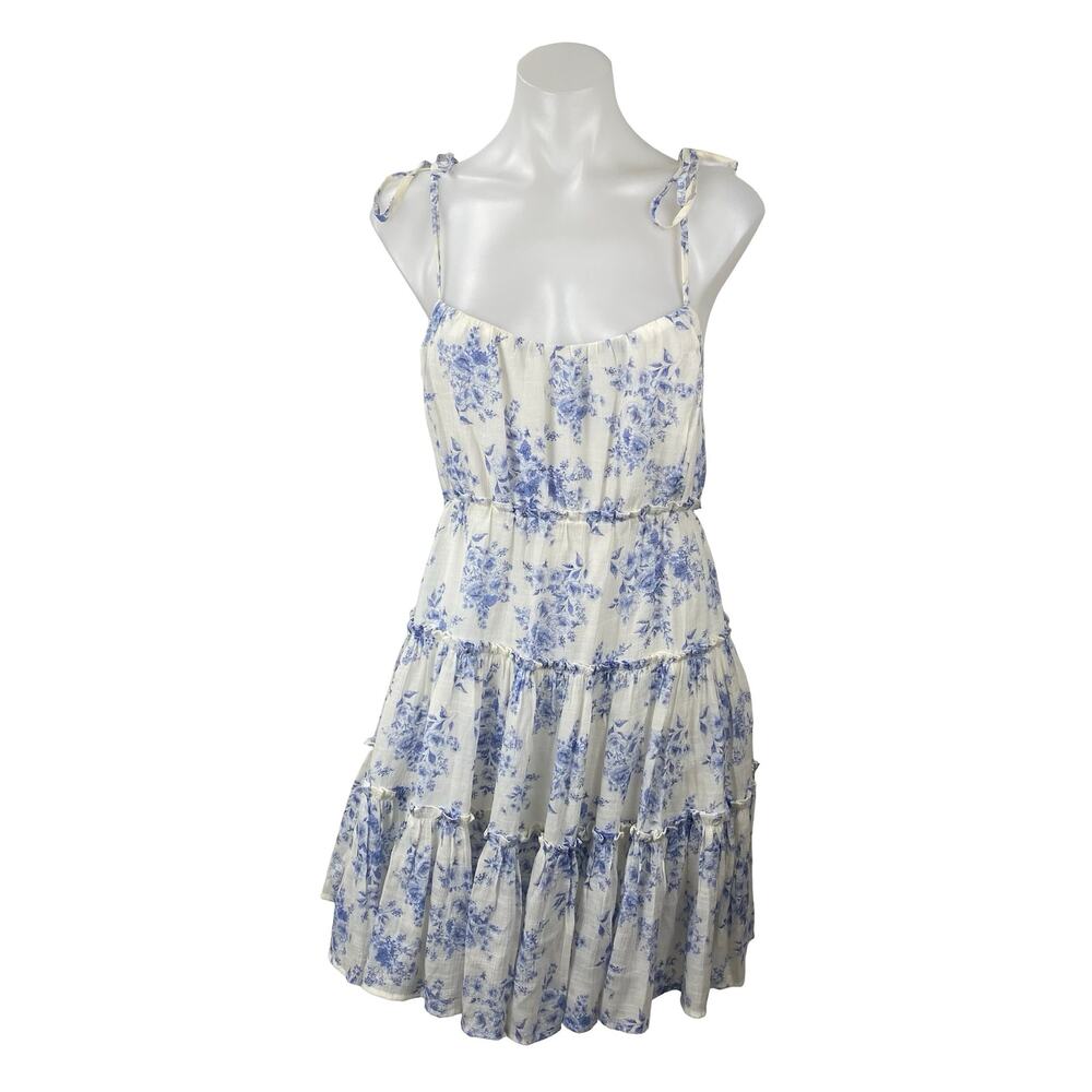 Mine Women's White Blue Floral Tiered Sleeveless Mini Tank Flare A-Line Dress S